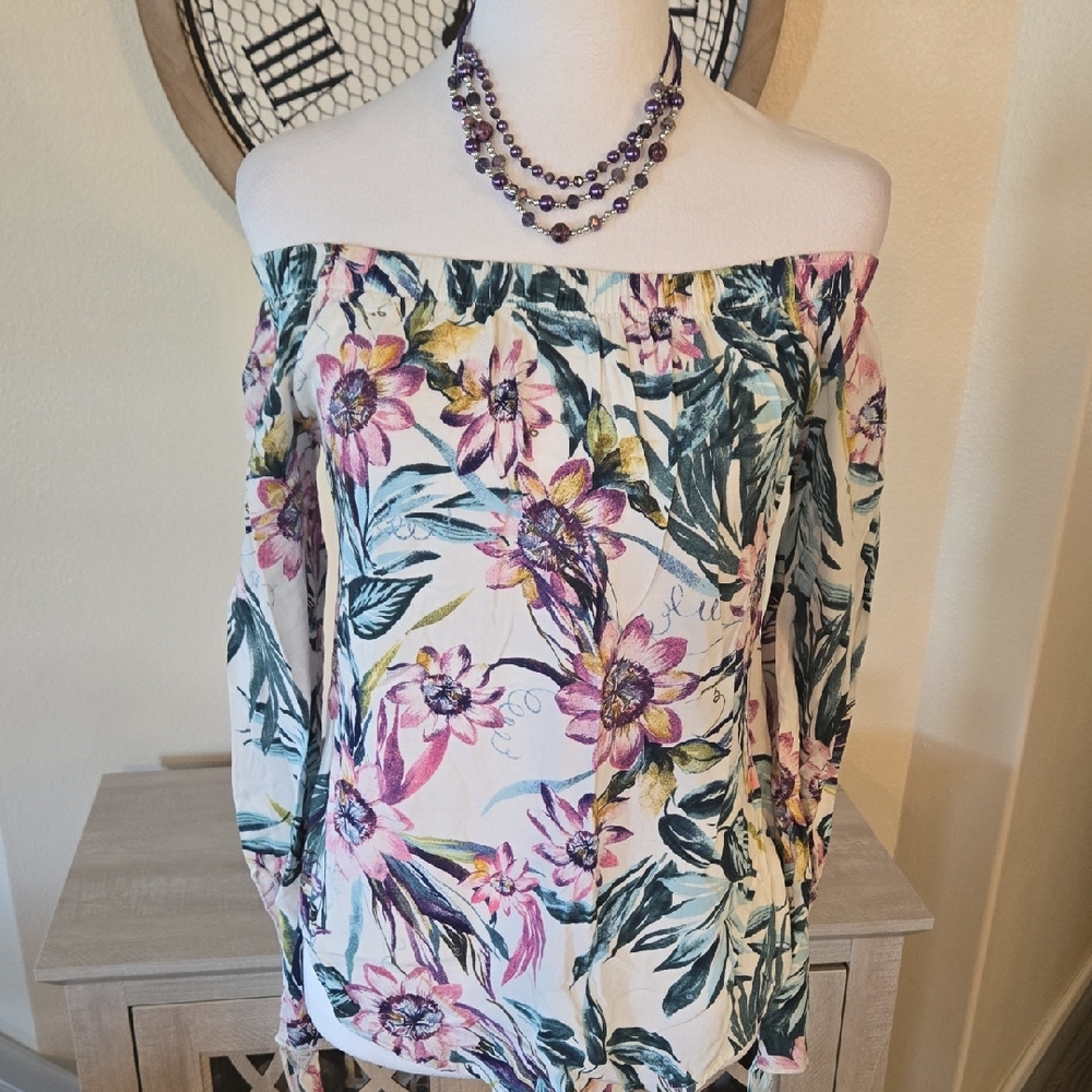 Tropical Floral Off-Shoulder Blouse Purple, Teal, Cream
